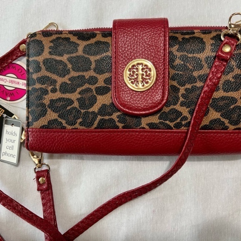 NWT crossbody wristlet, red and animal print